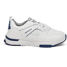 Classic Athletic Walking Shoes, White with Navy Blue Accents, Knit Mesh Fabric, Breathable Upper, Memory Foam Cushioning, Slip-on Style, Flexible Construction