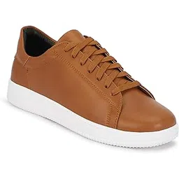 Classic Lace-up Casual Sneakers, Tan with White Sole, Synthetic Leather