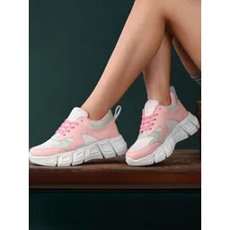 COGS Women White & Pink Colourblocked Round Toe Lace Up Synthetic Leather Sneakers