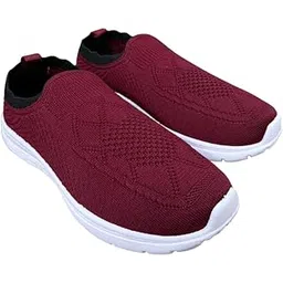 Comfortable Slip-On Walking Shoes, Maroon Knit Fabric, Lightweight Casual Sneakers with White Sole