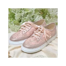 Coral Haze Peach Lace Sneakers With Peach Shimmer Laces And Rose Gold Detailing
