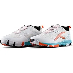Court Sonic PBX Unisex Non-Marking Court Shoes | Badminton, Pickleball, Table Tennis & Other Indoor Sports | Lightweight, Cushioned Grip (White/Orange/Black/Sea Blue ; UK 8)