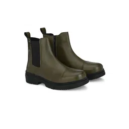 Delize Men Olive Green Solid Block Heels Chelsea Boots