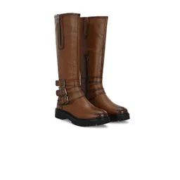 Delize Women High Top Knee Vegan Leather Platform Heel Regular Boots With Buckle Detail