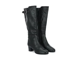 Delize Women High Top Vegan Leather Block-Heeled Knee Regular Boots With Buckle Detail