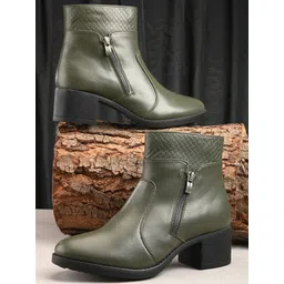 DressBerry Women Olive Green Textured Heeled Mid-Top Regular Boots