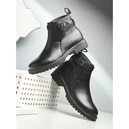 DressBerry Women Solid Buckle Detail Casual Chelsea Boots