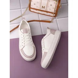 DressBerry Women White & Pink Lightweight Comfort Insole Lace-Up Sneakers