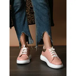 El Paso Women Peach Solid Synthetic Leather Lace-Up Casual Sneakers