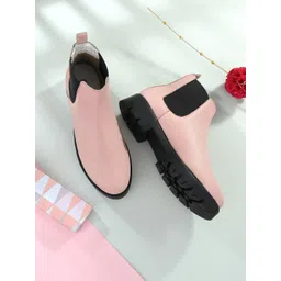 El Paso Women Pink Solid Casual Block-Heeled Chelsea Boots