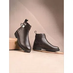 El Paso Women Solid Mid-Top Buckle Detail Casual Boots