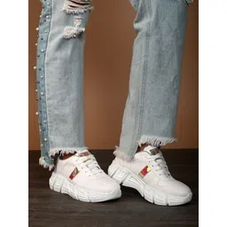 El Paso Women White Colourblocked Faux Leather Lace Up Sneakers