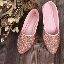 Embellished Floral Beadwork Handcrafted Ethnic Flat Mojari Jutis For Women