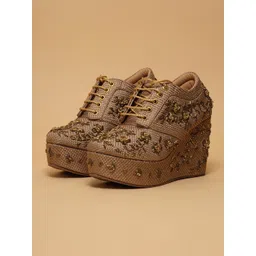 ERIDANI Women Embellished Textured Comfort Insole Lace-Ups Sneakers