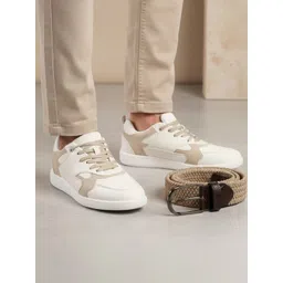 Ethik Men Colourblocked PU Sneakers With Beige Braided Belt