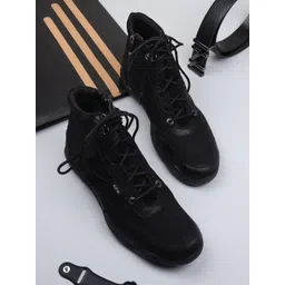 EZOK Men Black Lace-up Leather Biker Boots