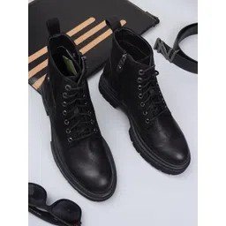 Ezok Men Black Lace-up Leather Boots