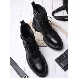 EZOK Men Black Textured Lace-Up Leather Regular Boots