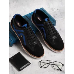 EZOK Men Black Textured Leather Sneakers
