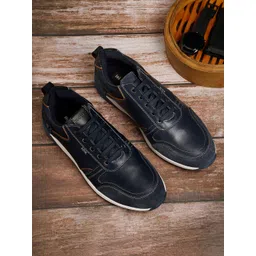 EZOK Men Blue Textured Leather Sneakers