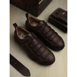 EZOK Men Brown Leather Slip-On Sneakers