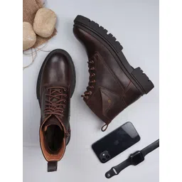 EZOK Men Brown Mid-Top Leather Boots