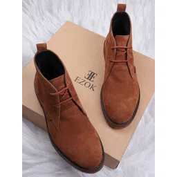EZOK Men Camel Brown Mid-Top Leather Boots