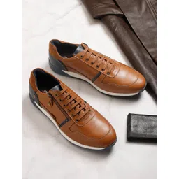 EZOK Men Tan Colourblocked Leather Sneakers