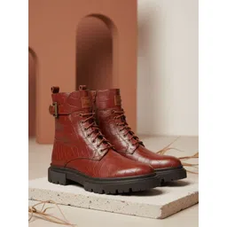 EZOK Men Textured Genuine Leather Round Toe Lace-Up Regular Boots