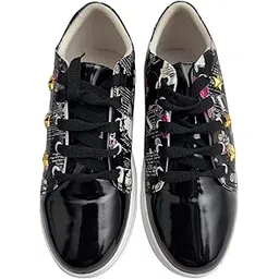FASHION FOOTIQUE Women's Fashion Sneakers | Stylish and Comfortable Patent Leather Shoes Featuring Vibrant Multicolor Print Design and Trendy Star Accents for a Bold, Modern Streetwear Look