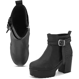 Fashionable & Trendy Block Heel Ankle Boots for Women with Buckle Detail and Zipper Closure, Ideal for Casual and Dressy Outfits for Women & Girls