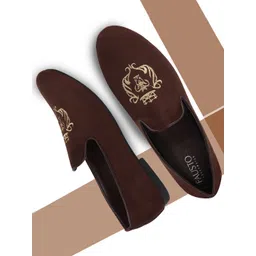 FAUSTO Men Brown Embroidered PU Slip-On Loafers