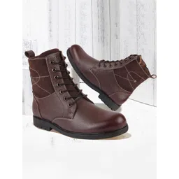 FAUSTO Men Brown Solid Leather High-Top Flat Boots
