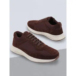 FAUSTO Men Brown Woven Design Suede Slip-On Sneakers