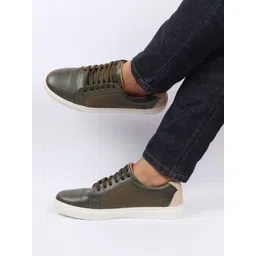 FAUSTO Men Olive Green Colourblocked Slip-On Sneakers