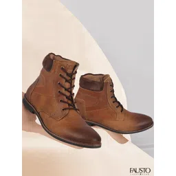 FAUSTO Men Tan Brown Leather High-Top Flat Boots