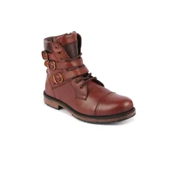 FAUSTO Men Tan Brown Solid Leather Monk Straps Boots