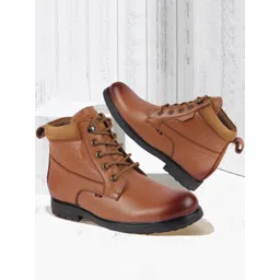 FAUSTO Men Tan Leather Casual Lace-Ups Boots