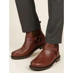 FAUSTO Men Tan Solid Leather Side Ring Buckle Design, Flatforms Chelsea Boots