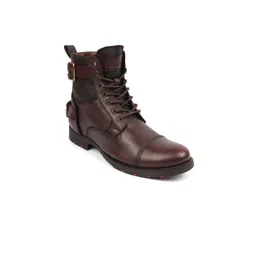 FAUSTO Men Textured High Top Buckle Detailed Leather Combat Boots