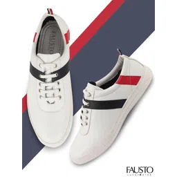 FAUSTO Men White & Black Striped Lightweight PU Regular Sneakers