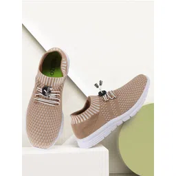 FAUSTO Women Beige Mesh Running Non-Marking Shoes