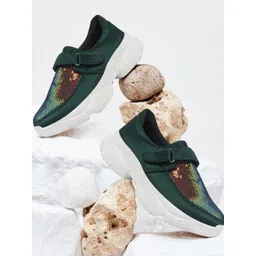 FAUSTO Women Green Embellished PU Slip-On Lightweight Sneakers