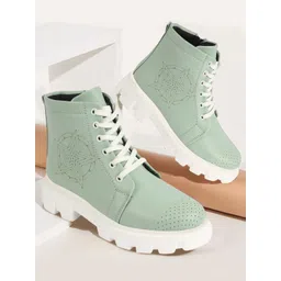 FAUSTO Women Mid Top Perforation Platform Heeled Chunky Boots