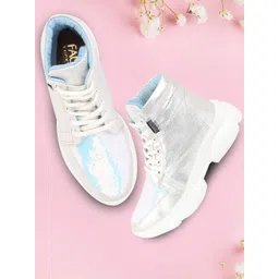 FAUSTO Women Silver-Toned Textured PU High-Top Flat Boots