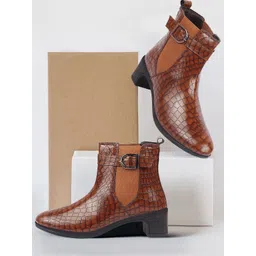 FAUSTO Women Textured Buckle Detailed Heeled Chelsea Boots