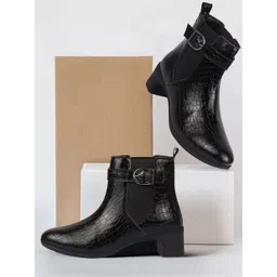 FAUSTO Women Textured Mid-Top Heeled Chelsea Boots