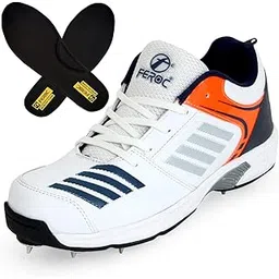 FEROC Mens Blaster White Blue Metal Cricket Spikes Shoe with Memory Foam in Sole (Numeric_6)
