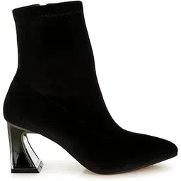 Flared Block Heel Velvet Boots
