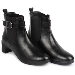 Flared Heel High Ankle Classic Winter Buckle Strap Chelsea Boots For Women